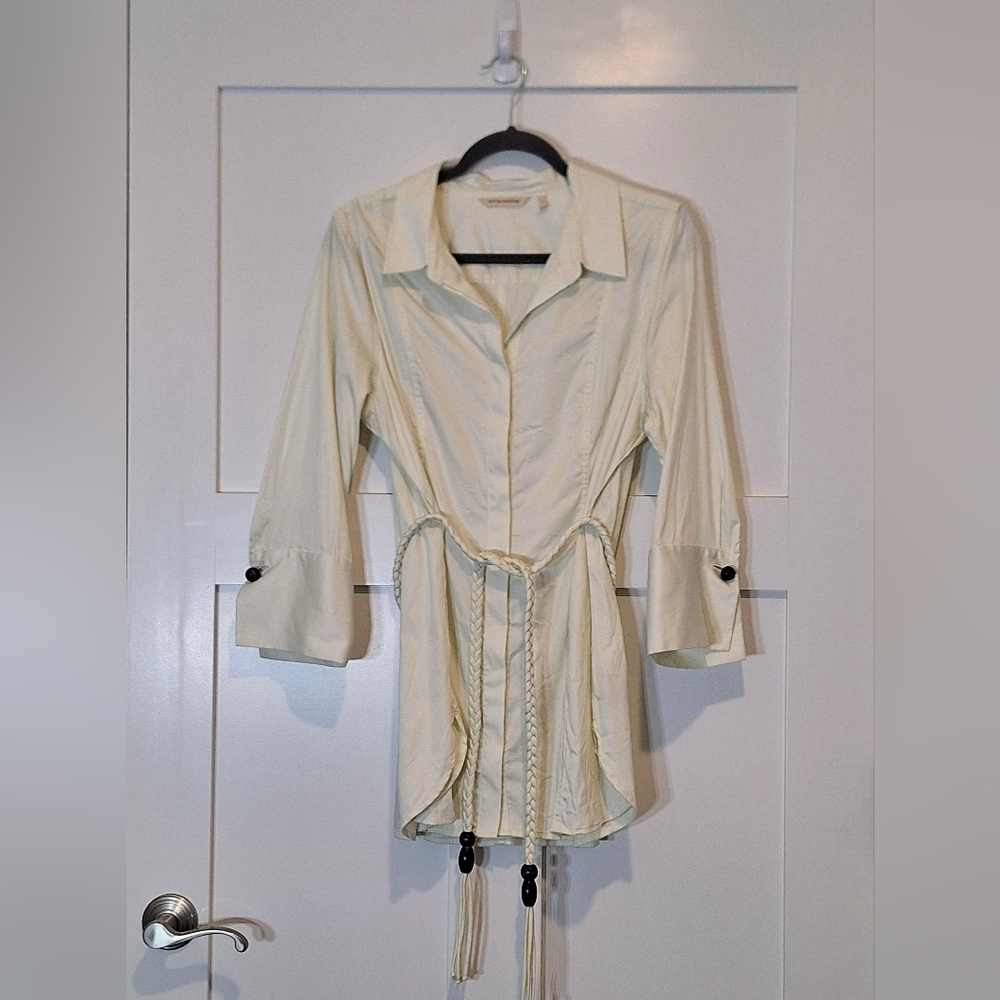 Soft Surroundings Button Down Up Tunic Cream Sz Large Braided Belt Wood Beads